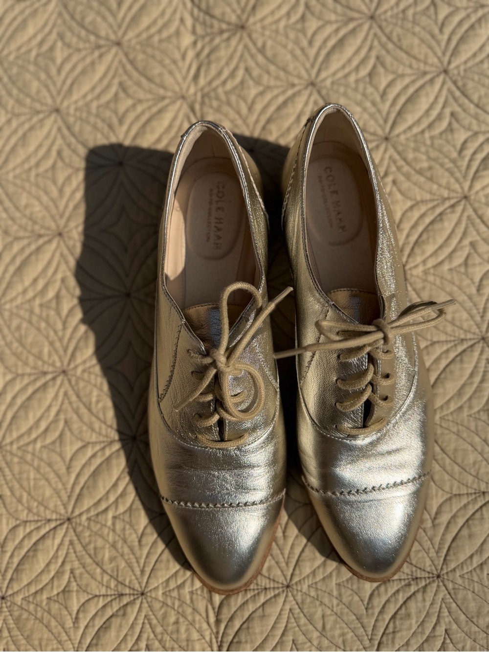 Cole Haan Metallic Gold Leather Lace-Up Oxford Flats